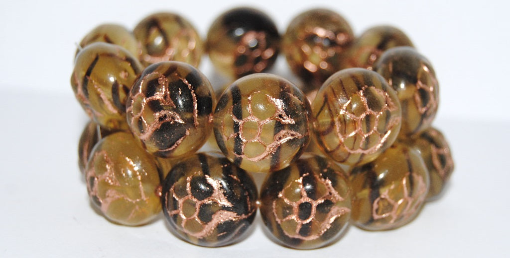 Round With Flower Pressed Glass Beads, Orange With Brown Lines Copper Lined (1815-18016-54200), Glass, Czech Republic ~ STRANDED