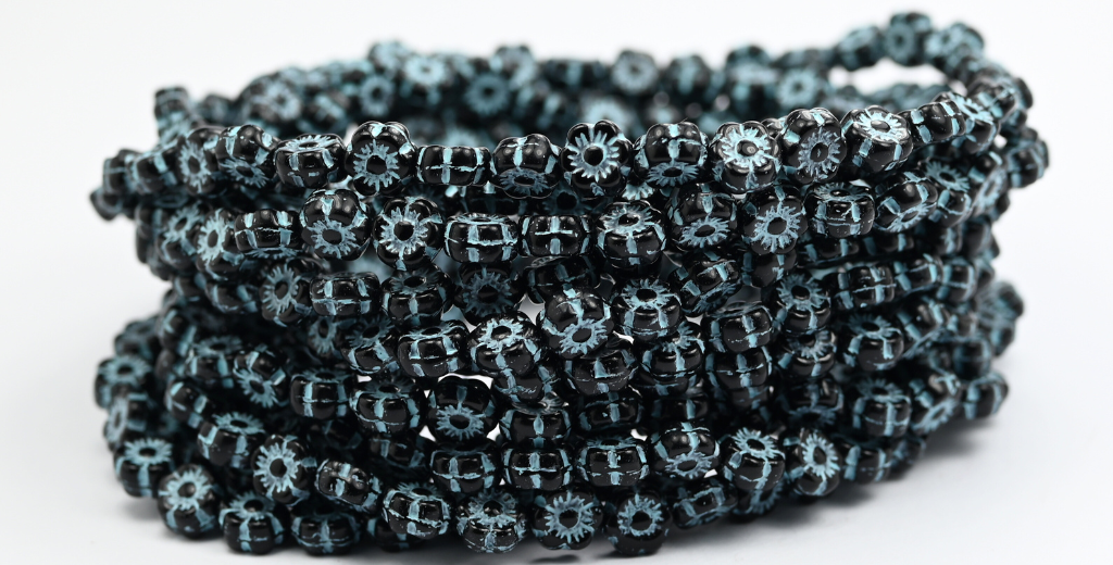 Hawaii Flower Pressed Glass Beads, Black Light Blue Lined (23980-54308), Glass, Czech Republic ~ STRANDED