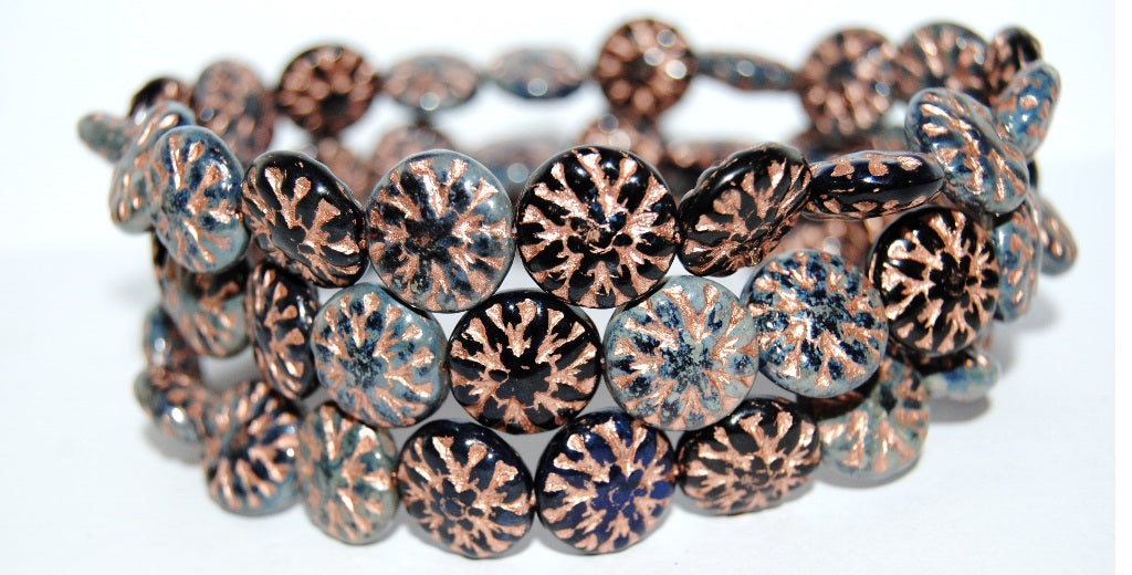 Round Flower Edelweiss Pressed Glass Beads, Blue Opal 43 Copper Lined (15-BLUE-OPAL-43-54200), Glass, Czech Republic ~ STRANDED