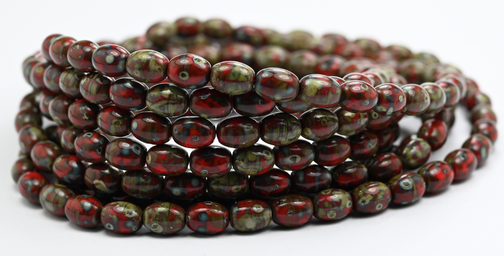 Olive Oval Pressed Glass Beads, Red Picasso (86-93190-43400), Glass, Czech Republic ~ STRANDED