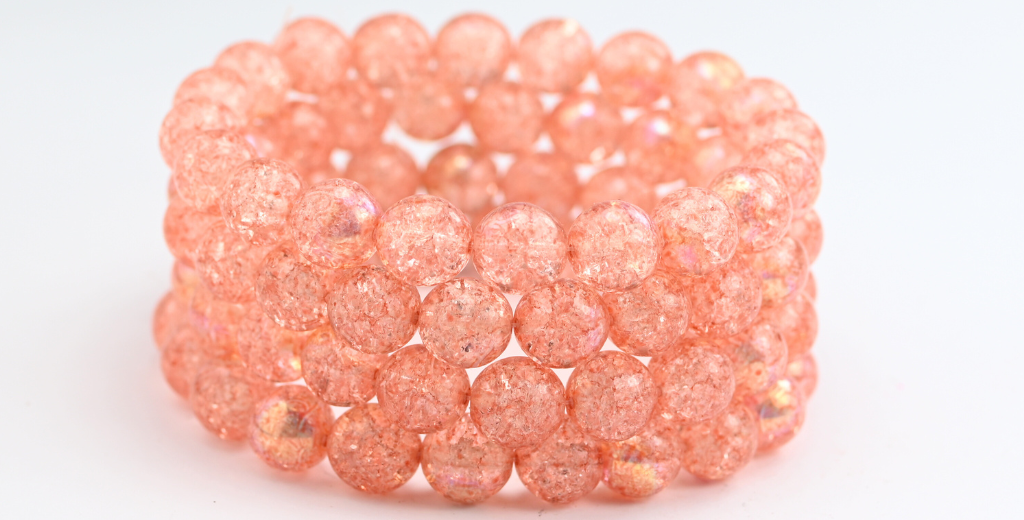 Round Pressed Glass Beads Druck, Crystal Light Pink Peach Crack Ab (10-00030-34305-CRACK-AB), Glass, Czech Republic ~ STRANDED