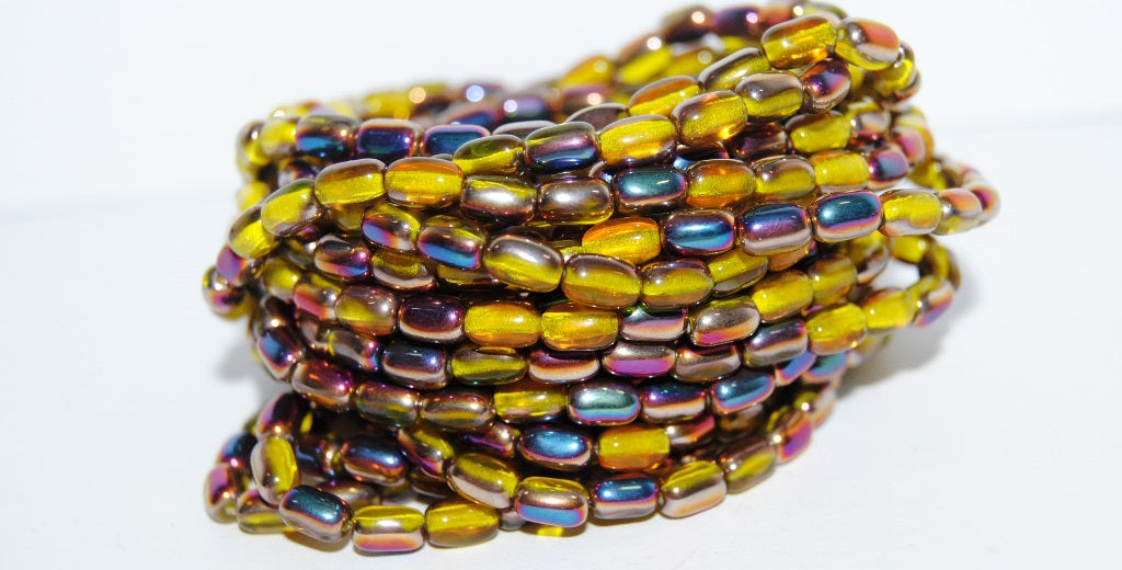 Olive Oval Pressed Glass Beads, Transparent Yellow Sliperit (64-80010-29500), Glass, Czech Republic ~ STRANDED