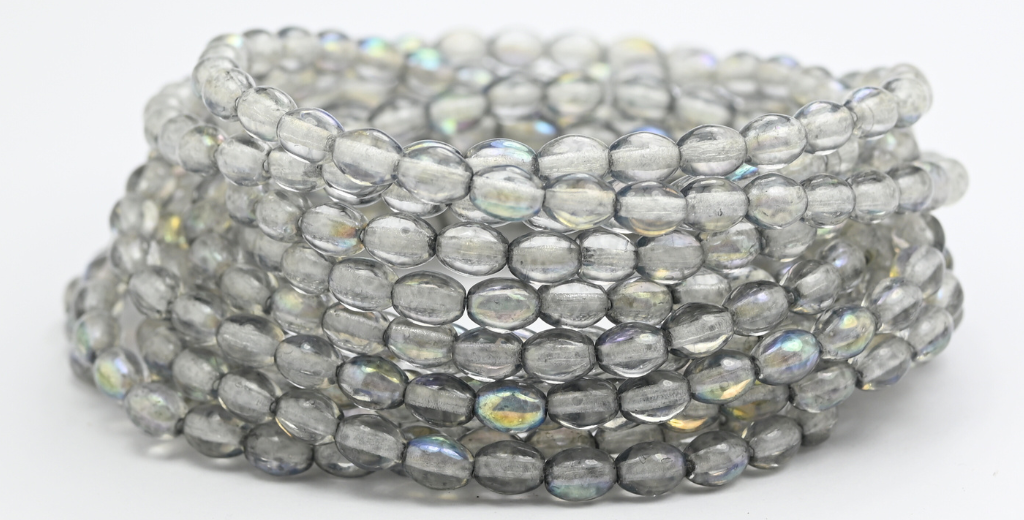 Olive Oval Pressed Glass Beads, Crystal Light Gray Ab (75-00030-34311-AB), Glass, Czech Republic ~ STRANDED