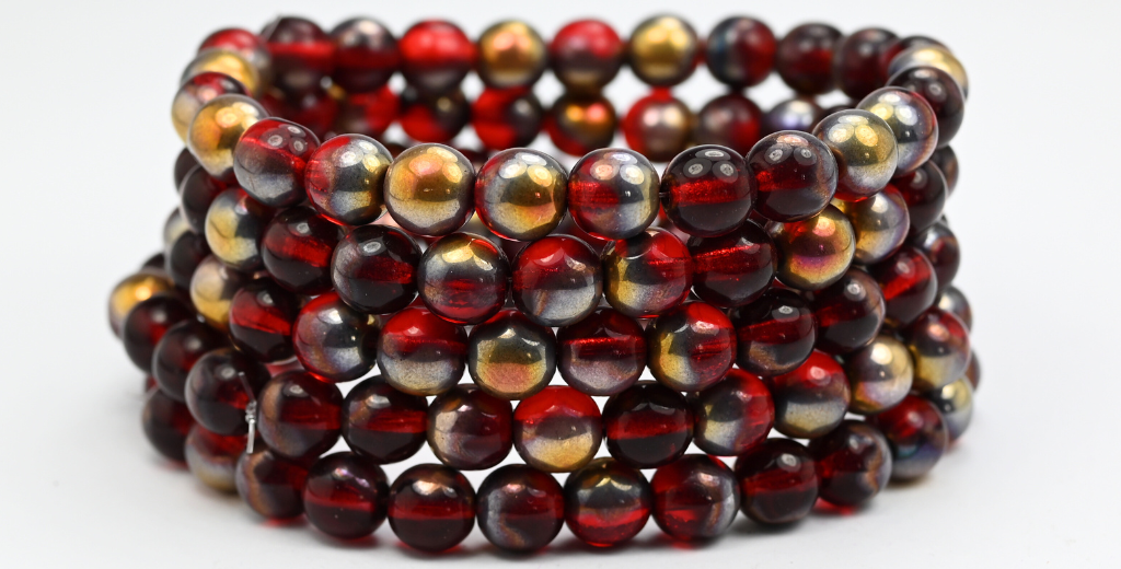 Round Pressed Glass Beads Druck, Ruby Red Rose Gold Capri (90080-27101), Glass, Czech Republic ~ STRANDED
