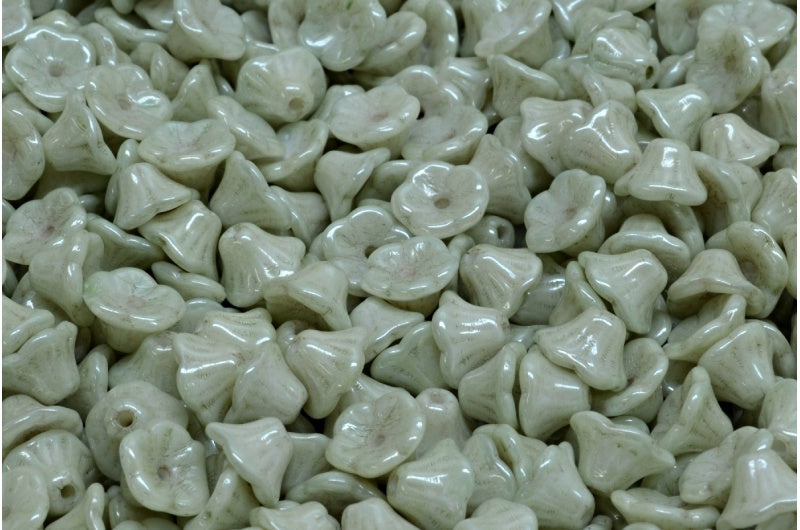 Bell Flower Cup Beads, White Luster Green Full Coated (02010-14457), Glass, Czech Republic