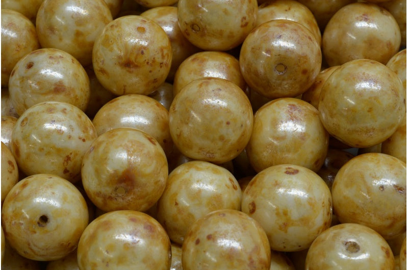 ラウンドドラックビーズ、ホワイトステイン、光沢アンバー(02010-65401)、ガラス、チェコ共和国