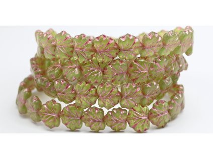 OUTLET 10 grams Maple Leaf Beads, 13 x 11 mm, Opal Green Pink Lined (51010-54321), Glass, Czech Republic