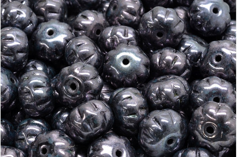 Pumpkin Beads, Black Stain With Luster Blue (23980-65431), Glass, Czech Republic