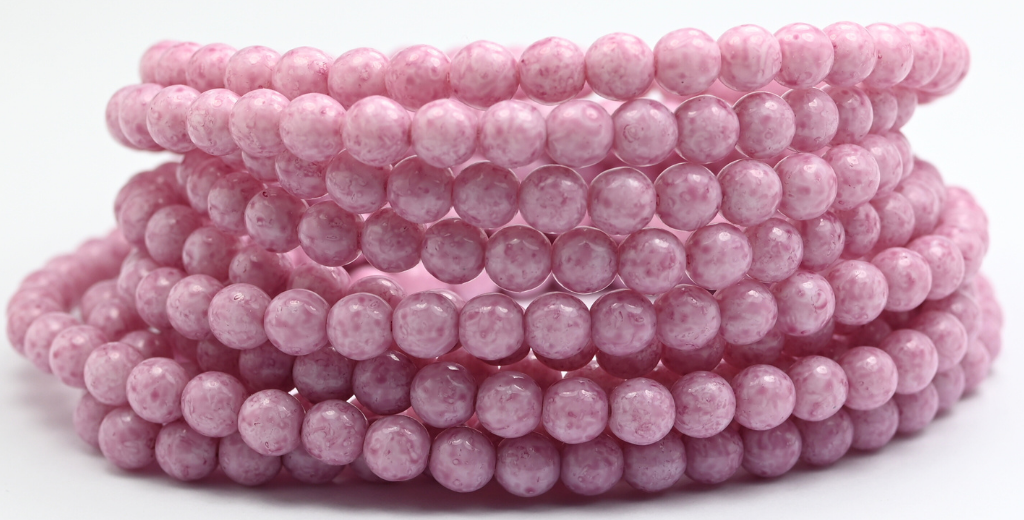 Round Pressed Glass Beads Druck, White Light Fuchsia Pink (6-02010-34306), Glass, Czech Republic ~ STRANDED