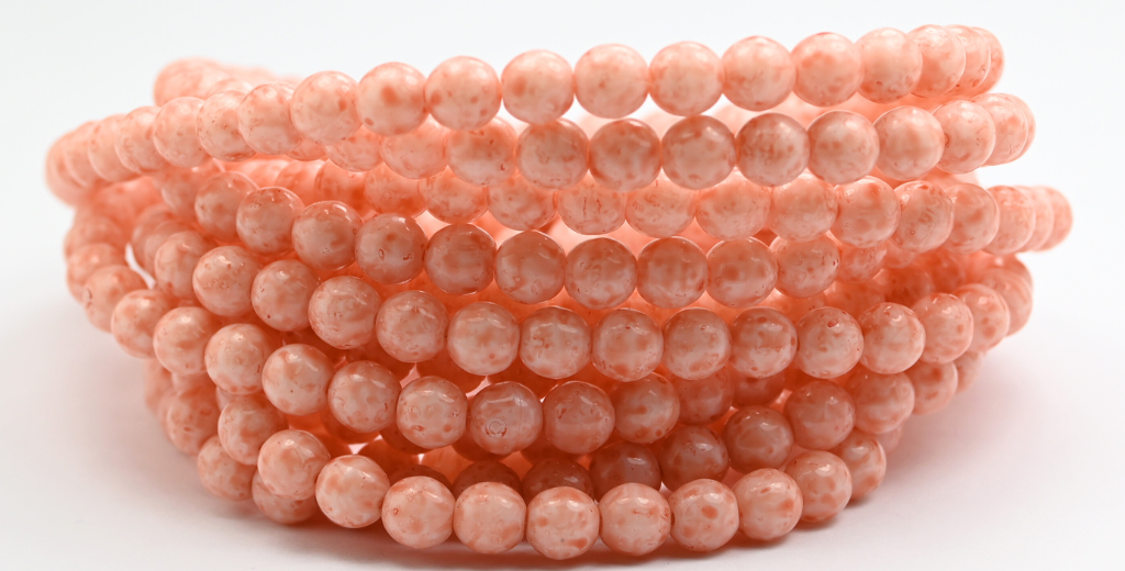 Round Pressed Glass Beads Druck, White Light Pink Peach (6-02010-34305), Glass, Czech Republic ~ STRANDED