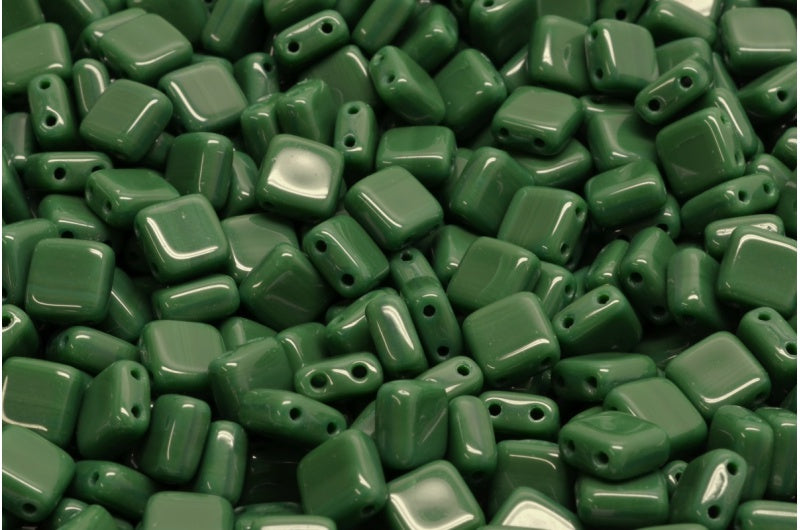 2-Holes Pressed Tile Beads, Opaque Green (53240), Glass, Czech Republic