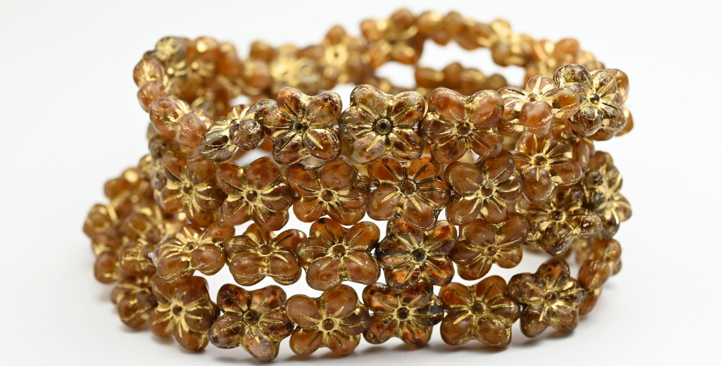 Flower Pressed Glass Beads, Opal Pink Gold Lined (1412-71200-54202), Glass, Czech Republic ~ STRANDED
