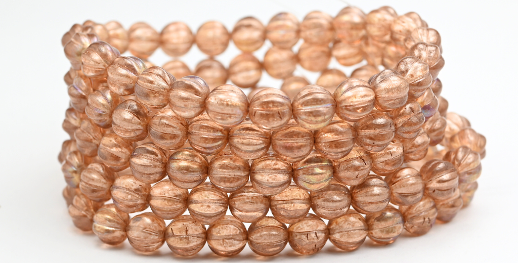 Melon Round Pressed Glass Beads With Stripes, Crystal Pink Beige Ab (8-00030-34303-AB), Glass, Czech Republic ~ STRANDED