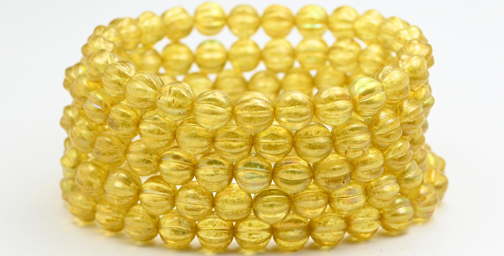 Melon Round Pressed Glass Beads With Stripes, Crystal Light Yellow Ab (8-00030-34302-AB), Glass, Czech Republic ~ STRANDED
