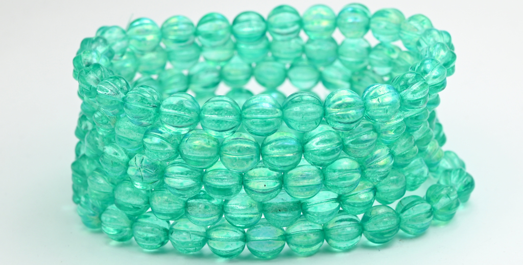 Melon Round Pressed Glass Beads With Stripes, Crystal Light Turquoise Ab (8-00030-34309-AB), Glass, Czech Republic ~ STRANDED