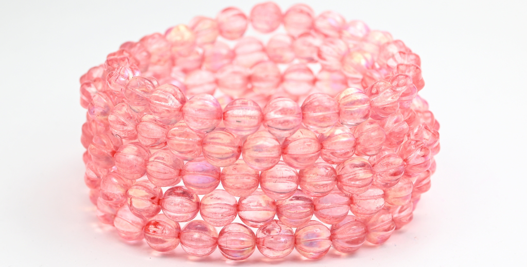 Melon Round Pressed Glass Beads With Stripes, Crystal Light Pink Ab (8-00030-34304-AB), Glass, Czech Republic ~ STRANDED