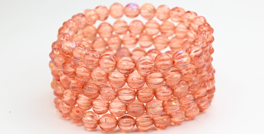 Melon Round Pressed Glass Beads With Stripes, Crystal Light Pink Peach Ab (8-00030-34305-AB), Glass, Czech Republic ~ STRANDED