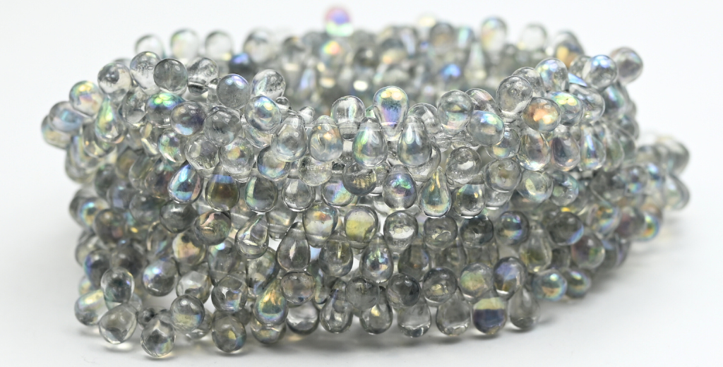 Pear Teardrop Pressed Glass Beads, Crystal Light Gray Ab (46-00030-34311-AB), Glass, Czech Republic ~ STRANDED