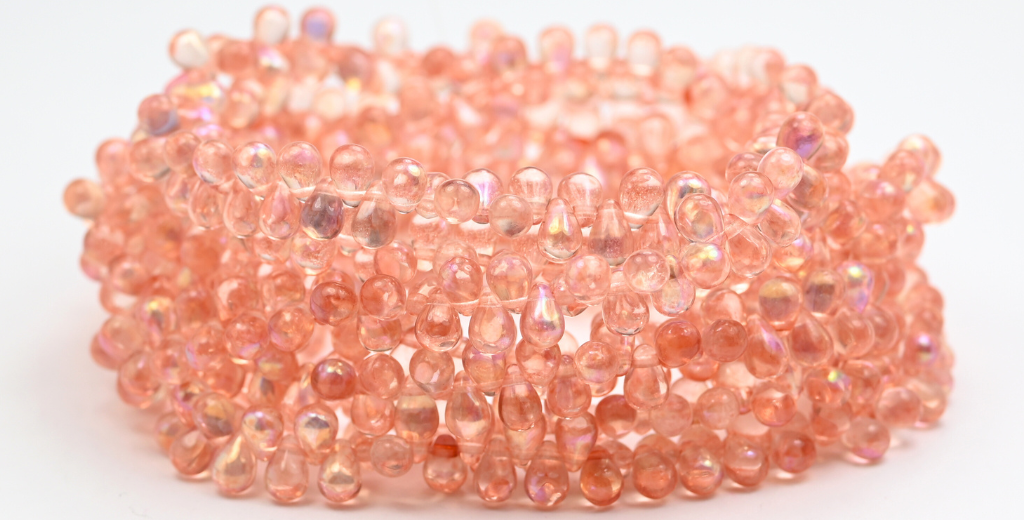 Pear Teardrop Pressed Glass Beads, Crystal Light Pink Peach Ab (46-00030-34305-AB), Glass, Czech Republic ~ STRANDED