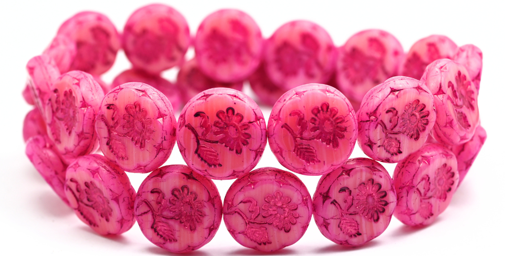 Round Flat With Flower Marguerite Pressed Glass Beads, Pink Line 54570 (PINK-LINE-54570), Glass, Czech Republic ~ STRANDED