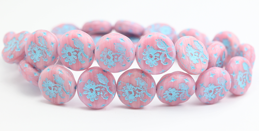 Round Flat With Flower Marguerite Pressed Glass Beads, Pink Line Light Blue Lined (PINK-LINE-54308), Glass, Czech Republic ~ STRANDED