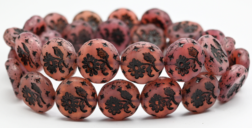 Round Flat With Flower Marguerite Pressed Glass Beads, Opal Pink Black Lined (71010B-46769), Glass, Czech Republic ~ STRANDED