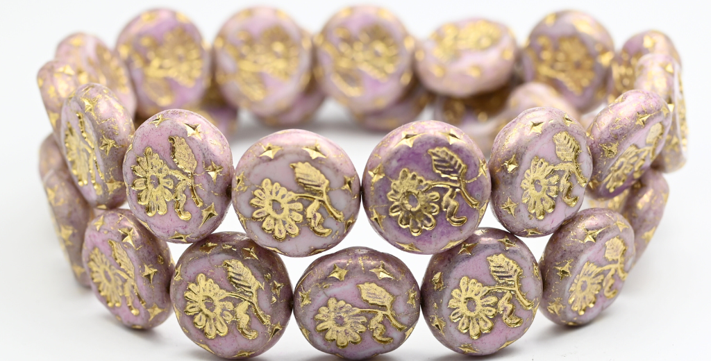 Round Flat With Flower Marguerite Pressed Glass Beads, White Luster Lila Gold Lined (02010-14494-54202), Glass, Czech Republic ~ STRANDED