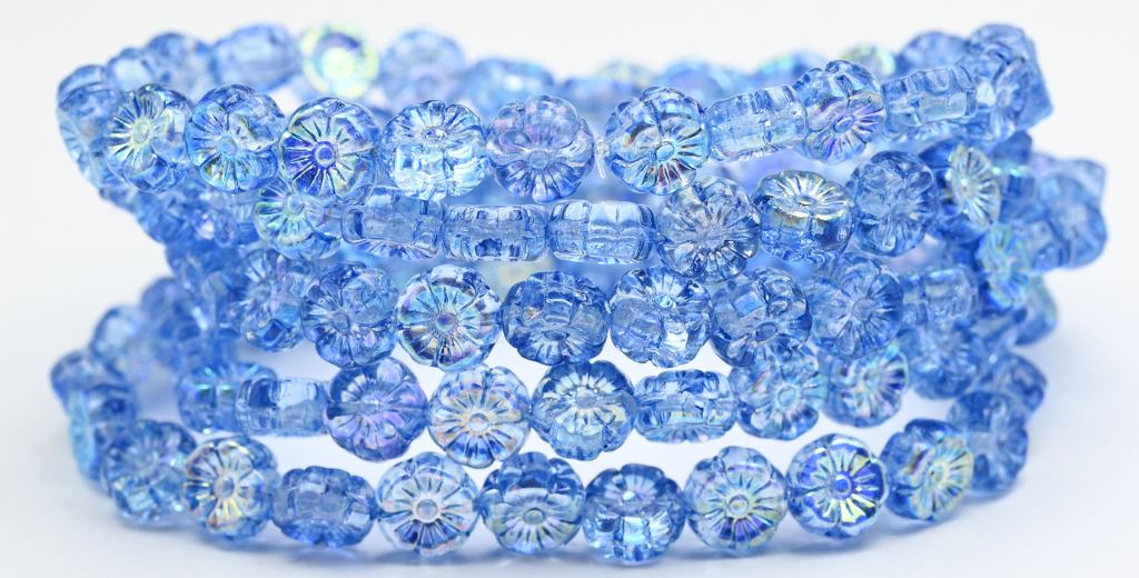 Hawaii Flower Pressed Glass Beads, Crystal Light Blue Ab (00030-34307-AB), Glass, Czech Republic ~ STRANDED