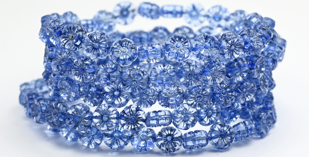Hawaii Flower Pressed Glass Beads, Transparent Blue 54530 (30010-54530), Glass, Czech Republic ~ STRANDED