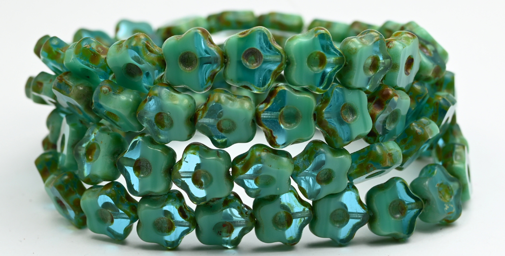 Table Cut Flower Beads With Dot, Turquoise Travertin (6313060020-86800), Glass, Czech Republic ~ STRANDED