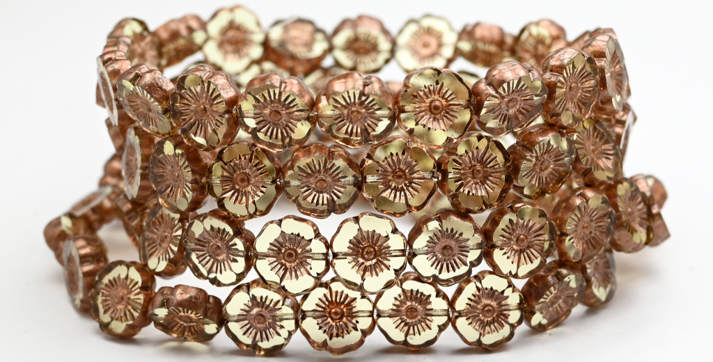 Table Cut Round Beads Hawaii Flowers, Transparent Yellow Copper Splash (80100-86750), Glass, Czech Republic ~ STRANDED