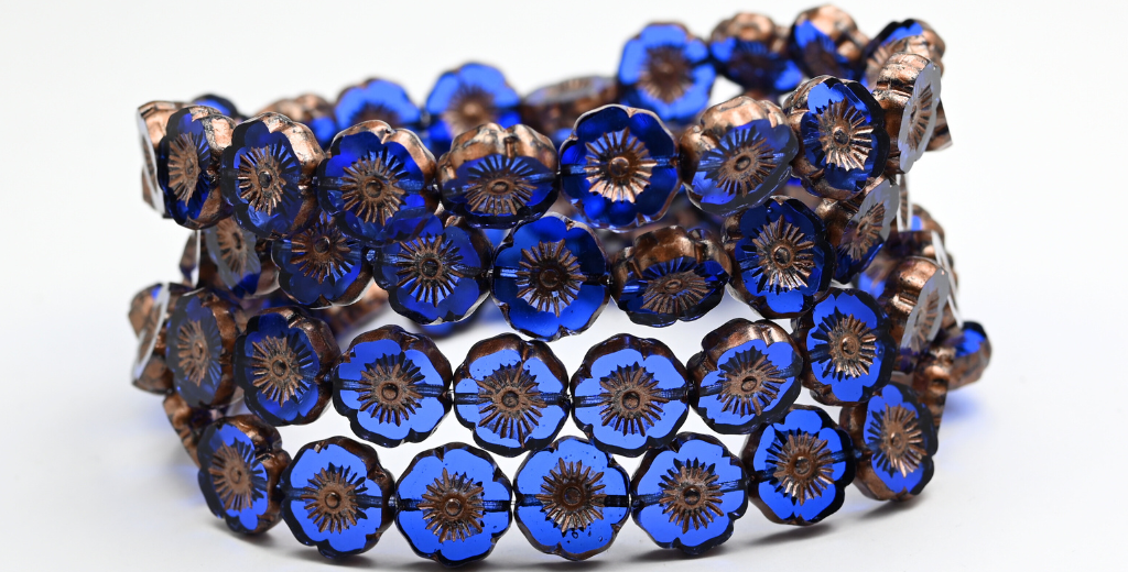 Table Cut Round Beads Hawaii Flowers, Transparent Blue Copper Splash (30090-86750), Glass, Czech Republic ~ STRANDED