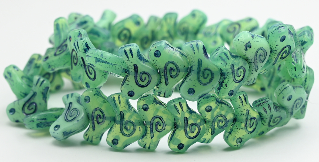Folklore Bird Pressed Beads, Opal Green 54530 (1612-51000-54530), Glass, Czech Republic ~ STRANDED