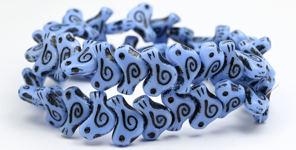 Folklore Bird Pressed Beads, Opaque Light Blue Black Lined (1612-33010-46769), Glass, Czech Republic ~ STRANDED