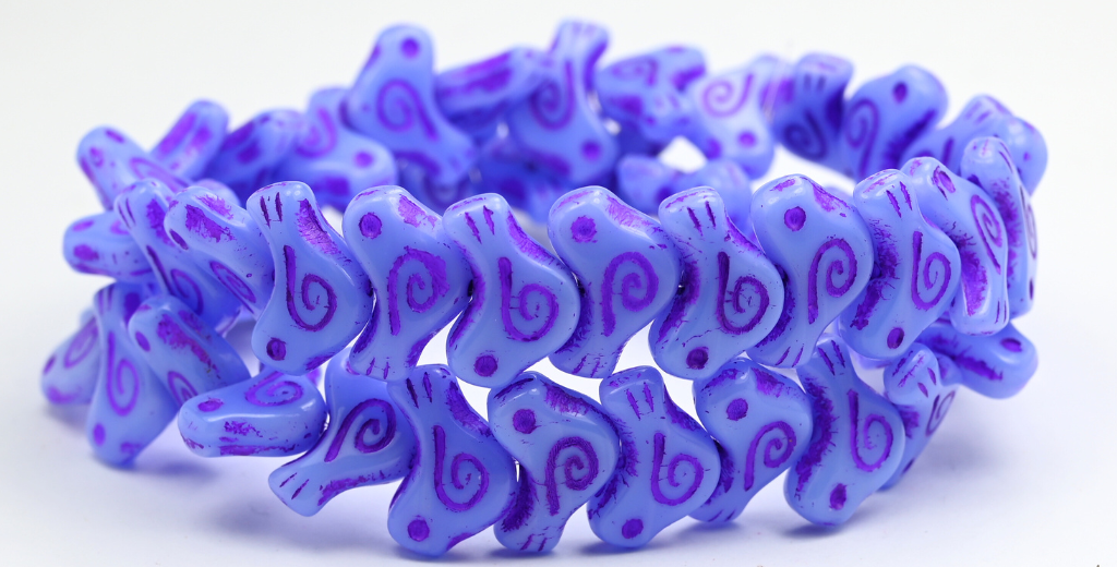 Folklore Bird Pressed Beads, Opaque Light Blue Purple Lined (1612-33010-46420), Glass, Czech Republic ~ STRANDED