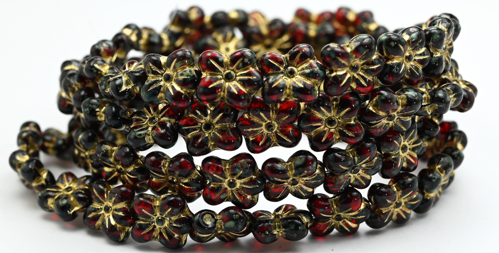 Flower Pressed Glass Beads, Ruby Red Travertin Gold Lined (1412-90080-86-54202), Glass, Czech Republic ~ STRANDED
