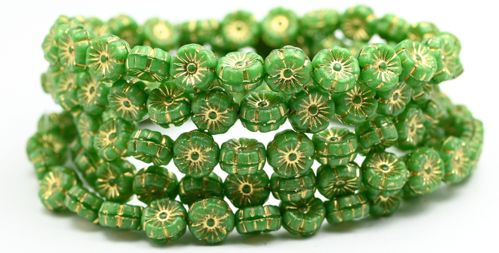 Hawaii Flower Pressed Glass Beads, Opaque Green Gold Lined (54020-54202), Glass, Czech Republic ~ STRANDED