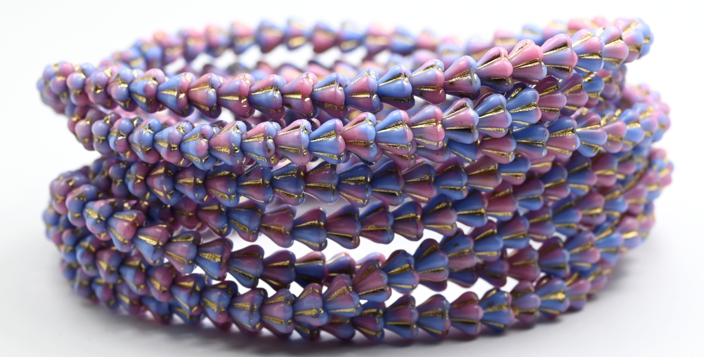 Bell Flower Pressed Glass Beads, Mix Blue Pink Opaque Gold Lined (37724-54202), Glass, Czech Republic ~ STRANDED