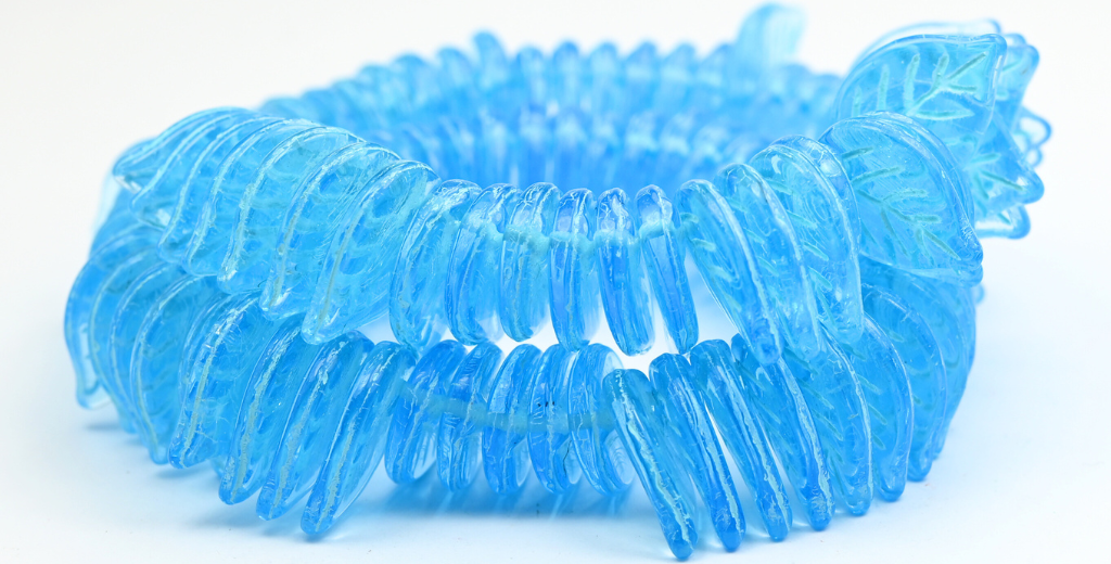 Leaf Pressed Glass Beads, Transparent Aqua Light Blue Lined (60010-54308), Glass, Czech Republic ~ STRANDED