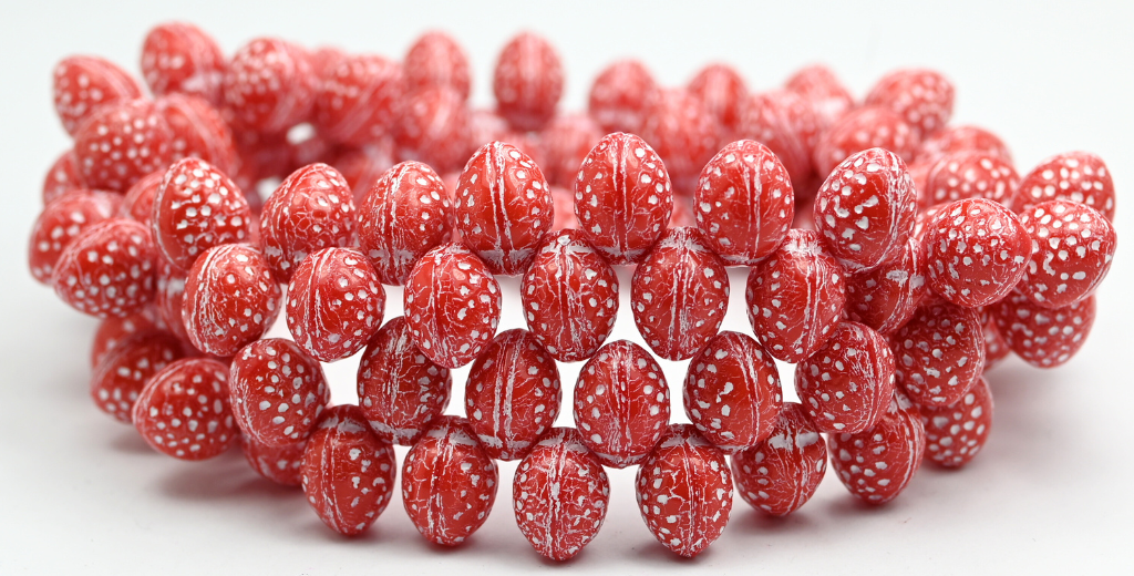 Strawberry Friut Pressed Glass Beads, Opal Red White Lined (91240-46401), Glass, Czech Republic ~ STRANDED