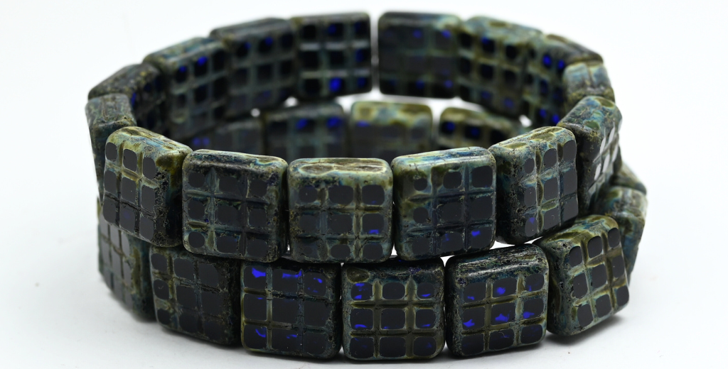 Table Cut Square Beads With Grid, Transparent Blue Travertin (30090-86800), Glass, Czech Republic ~ STRANDED