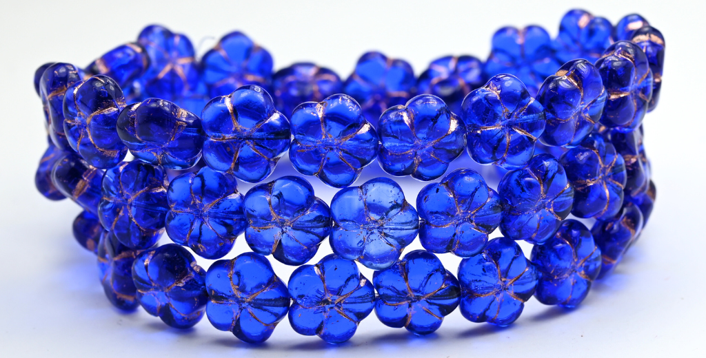 5-Petal Flower Pressed Beads, Transparent Blue Copper Lined (30060-54200), Glass, Czech Republic ~ STRANDED