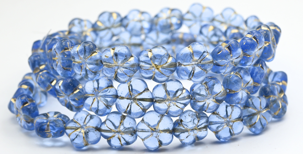 5-Petal Flower Pressed Beads, Transparent Blue Gold Lined (30020-54202), Glass, Czech Republic ~ STRANDED
