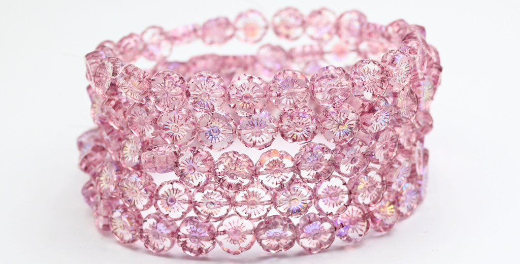 Table Cut Round Beads Hawaii Flowers, Crystal Light Fuchsia Pink Ab (00030-34306-AB), Glass, Czech Republic ~ STRANDED