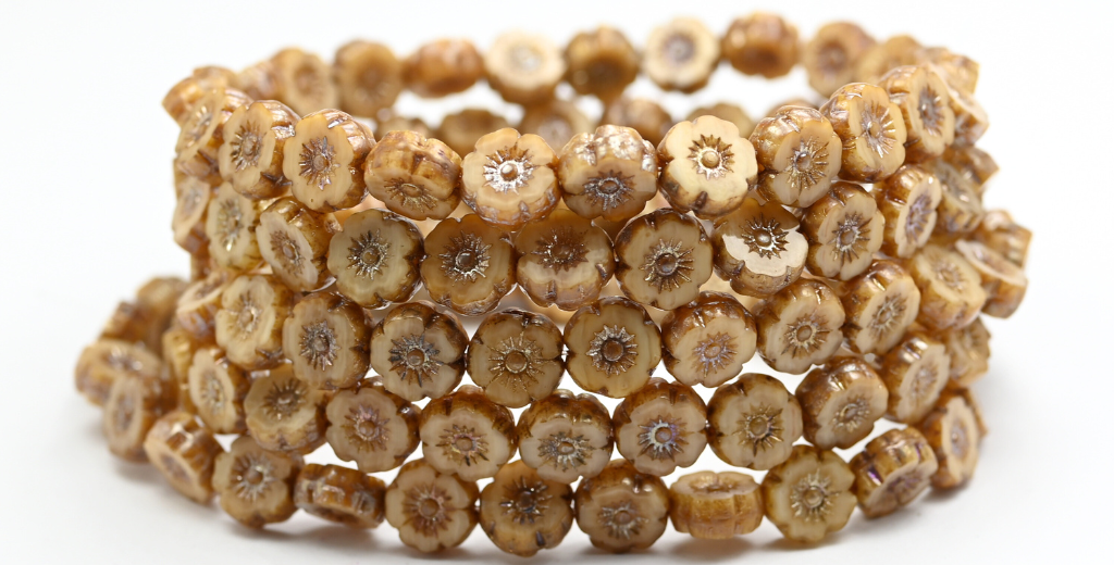 Table Cut Round Beads Hawaii Flowers, Silk Beige Rembrandt Travertin (14010-43500), Glass, Czech Republic ~ STRANDED