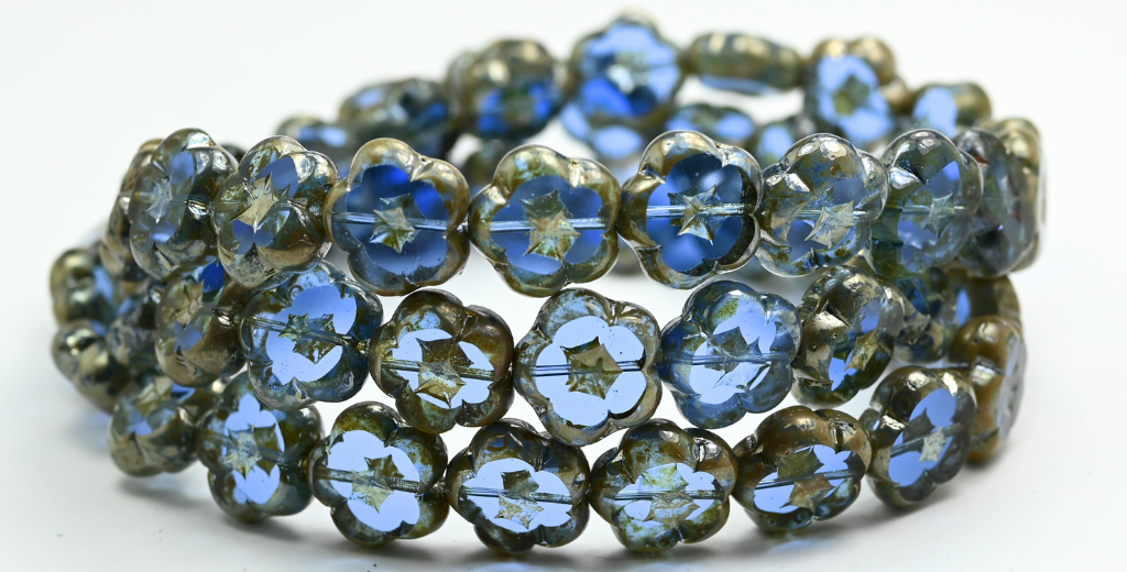 Table Cut Flower Beads, Transparent Blue Picasso (30020-43400), Glass, Czech Republic ~ STRANDED