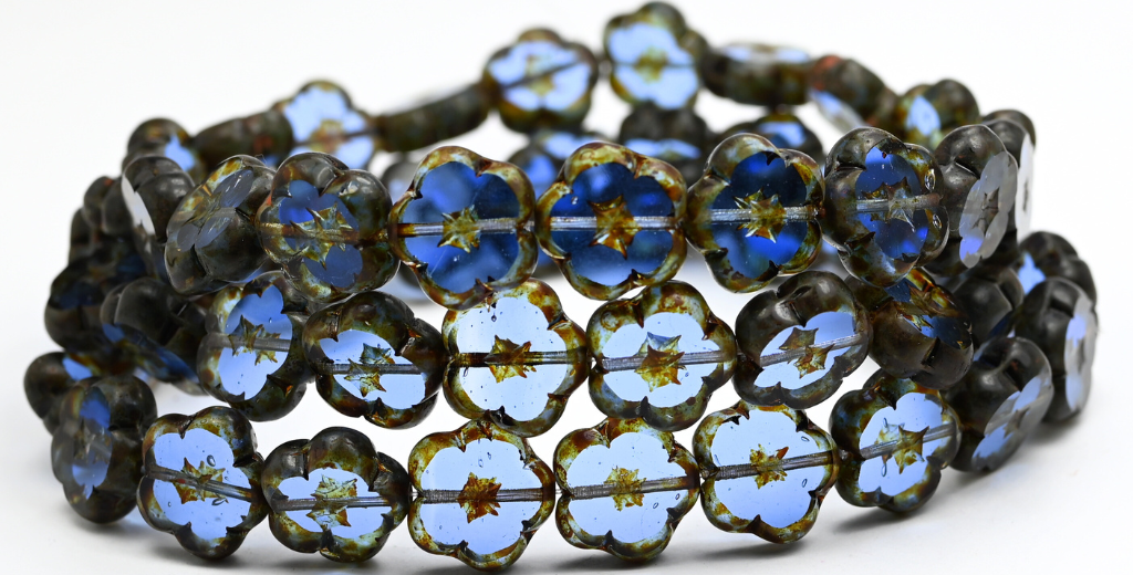 Table Cut Flower Beads, Transparent Blue Travertin (30040-86800), Glass, Czech Republic ~ STRANDED