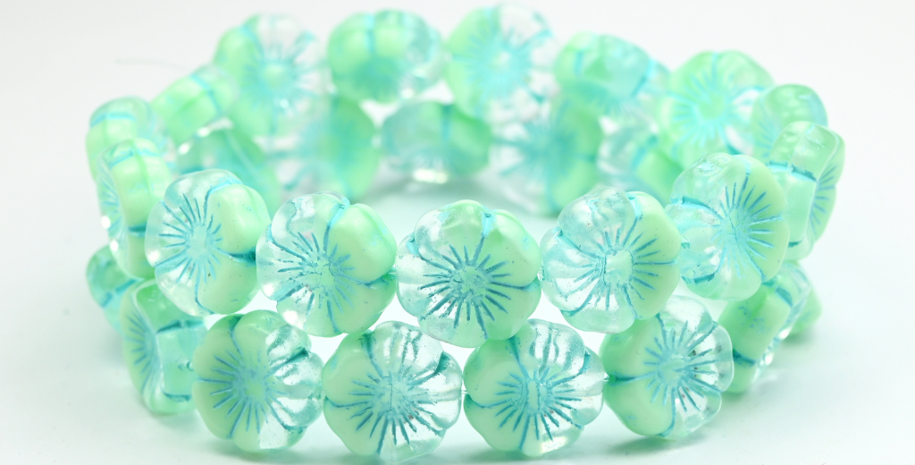 Hawaii Flower Pressed Glass Beads, Teal Light Blue Lined (56218-54308), Glass, Czech Republic ~ STRANDED