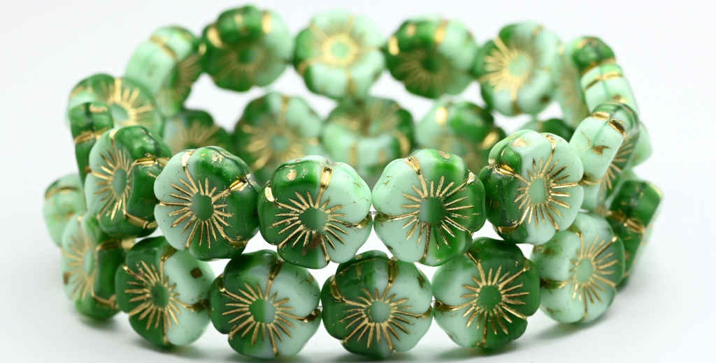 夏威夷花压制玻璃珠,混合颜色绿色金色内衬 (MIX-GREEN-54202),玻璃,捷克共和国