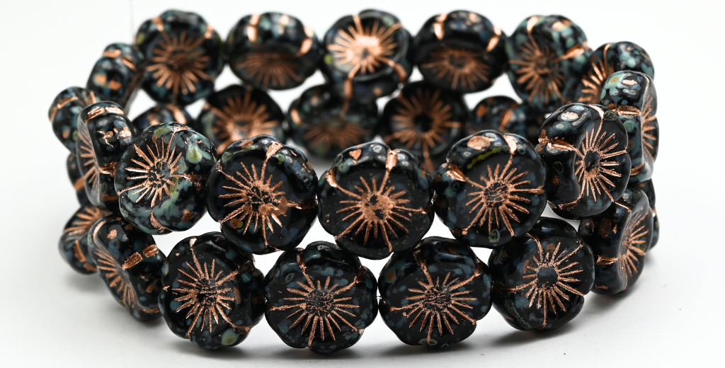 Hawaii Flower Pressed Glass Beads, Black Travertin Copper Lined (23980-86-54200), Glass, Czech Republic ~ STRANDED
